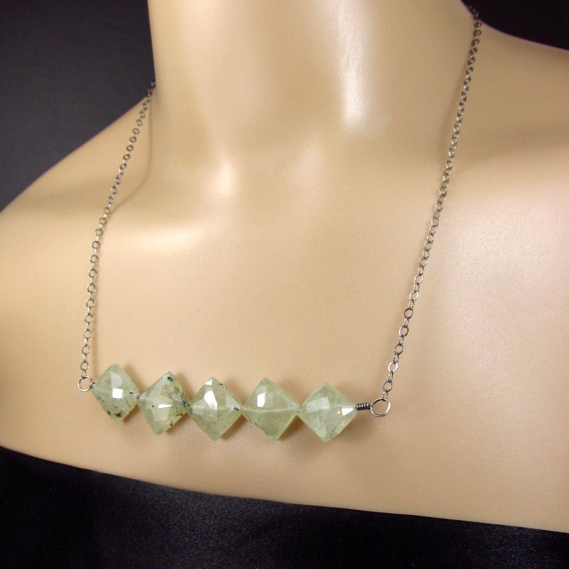 Mint Necklace Trapeze Necklace Pale Green Gemstone Necklace Geometric Necklace Oxidized Black Light Green Necklace Artisan Silver Jewelry