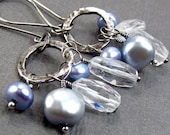 Genuine Aquamarine Gemstone Cluster Earrings - Pearls & Fine Silver Hoops Aquamarine Earrings Fashion