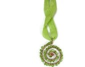 Green Silk Ribbon Tie Necklace Green Peridot Pendant Spring Green Jewelry Artisan Jewelry Affordable Necklace