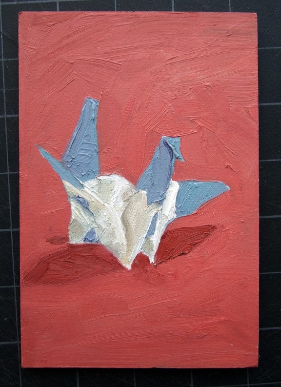 ORAGAMI CRANE painting - small still life oil painting - original painting