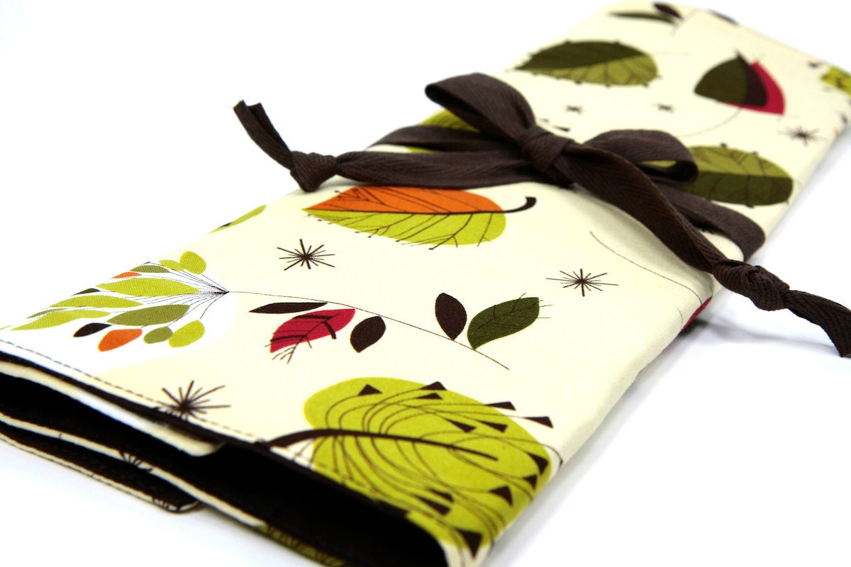 Large Knitting Needle Case Organizer - FOREST FRENZY - 30 brown pockets for circular, straight, dpn, or paint brushes