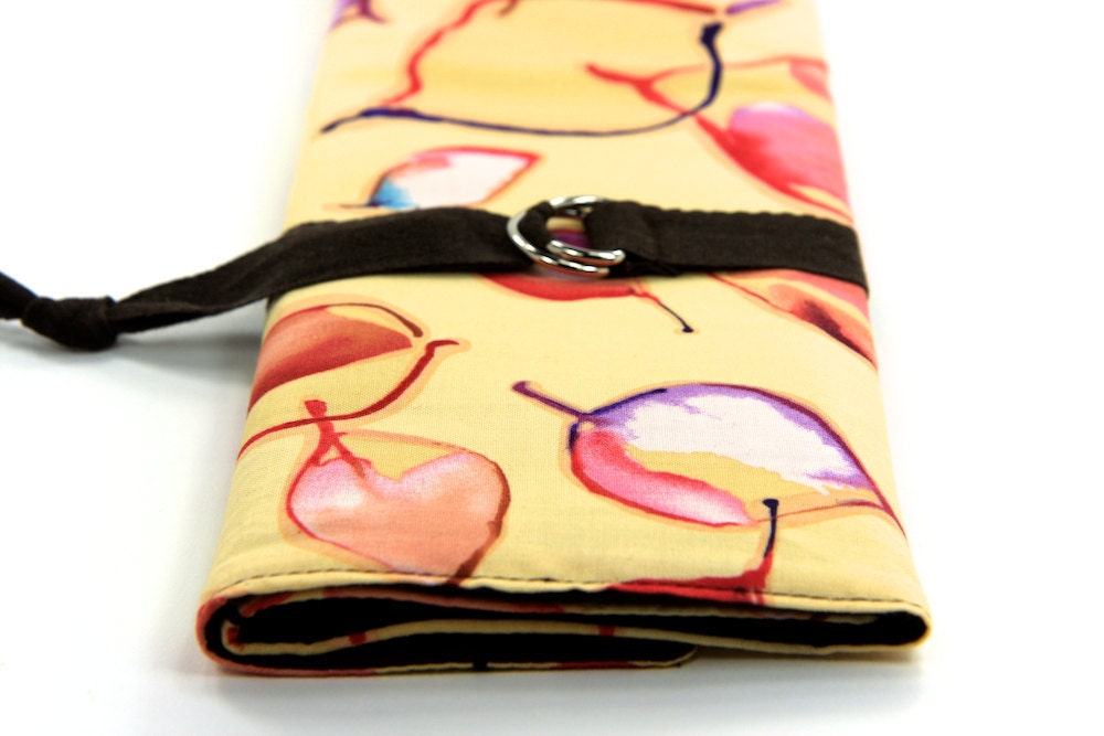 SHORT Knitting Needle Case Organizer - Harmony Leaves - 24 brown pockets