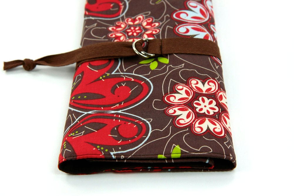 SHORT Knitting Needle Case Organizer - Kaleidoscope Cottage - 24 brown pockets