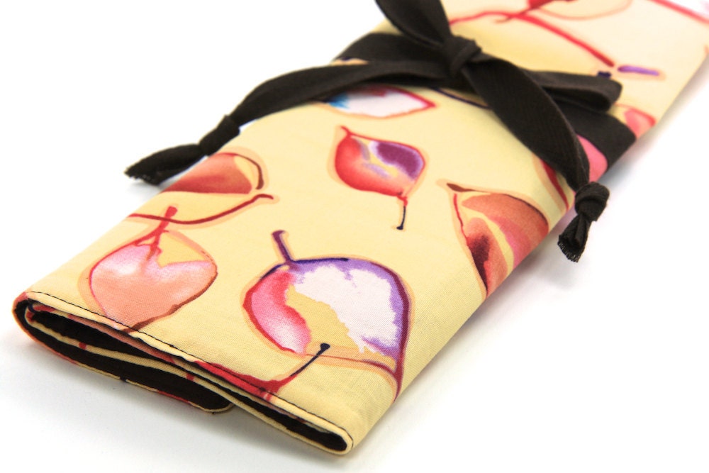 Knitting Needle Case Organizer Large  - Watercolor Leaves - 30 brown pockets for circular, straight, dpn, or paint brushes