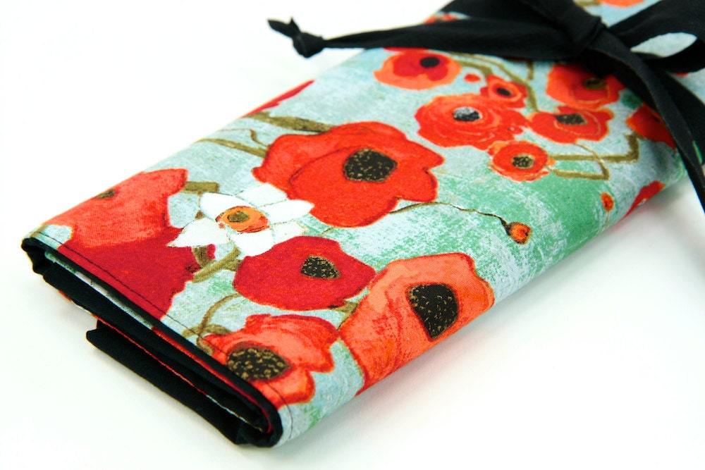 Large Knitting Needle Case or Art Tool Organizer - FIORI - 30 black pockets for all sizes, circular, straight, dpns or paint brushes