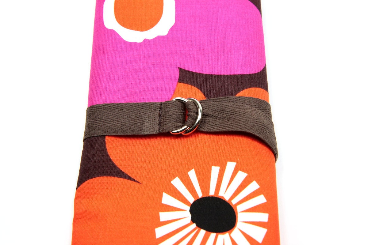 SHORT Knitting Needle Organizer Case - Big Pink and Orange Flowers - brown pockets for circular, double pointed, interchangable, travel