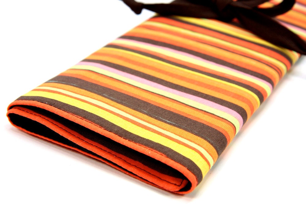 knitting needle case organizer - brown orange stripes - brown pockets for all sizes, circular, straight, dpn, or paint brushes