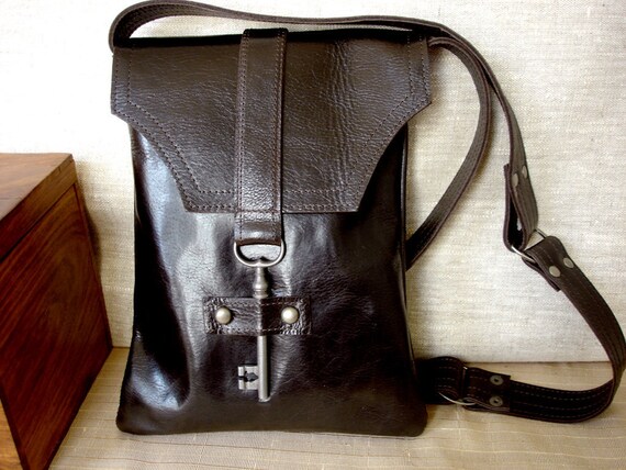 Brown Leather Messenger with Antique Skeleton Key - Espresso Steampunk Flat Style - MADE TO ORDER