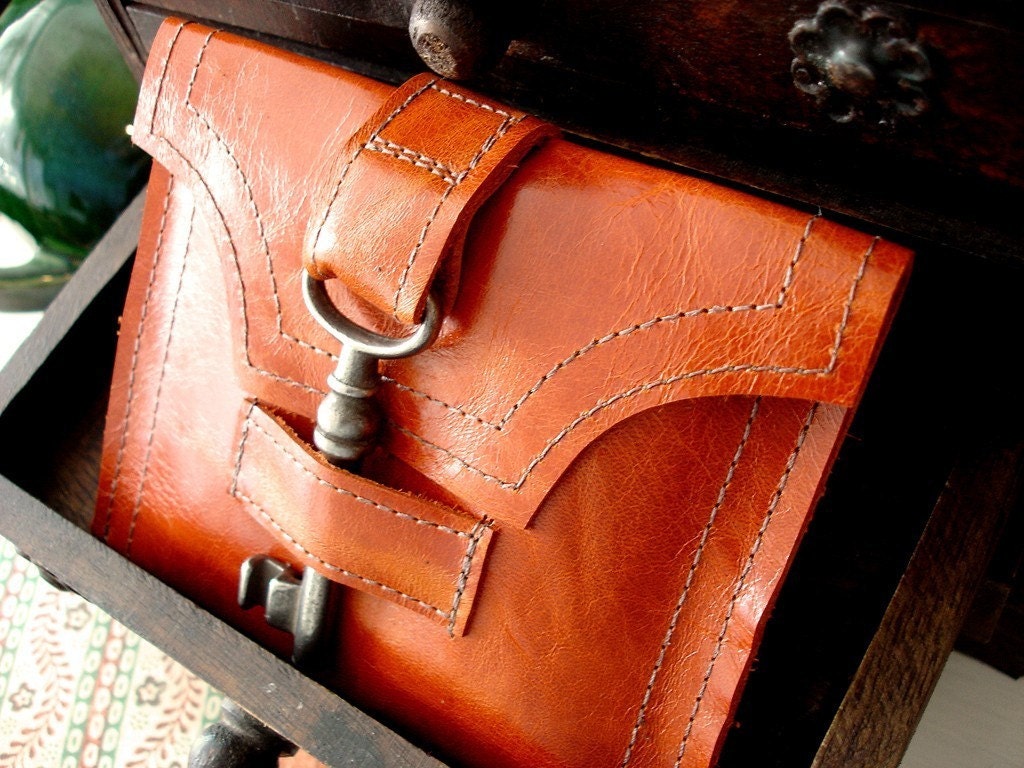 Genteel Leather Wallet with Antique Skeleton Key...Blood Orange