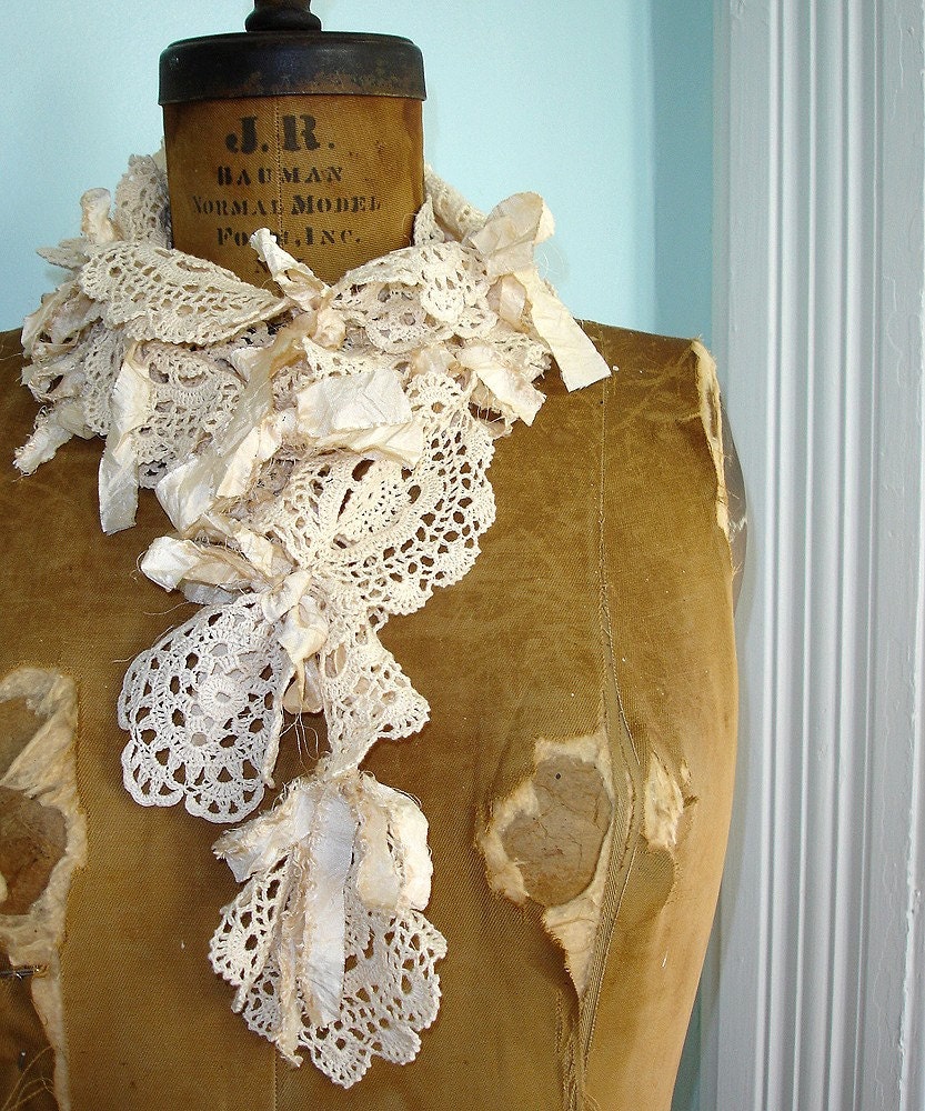 Crochet Lace Doily Scarf with Shabby Silk Ribbons - Talullah