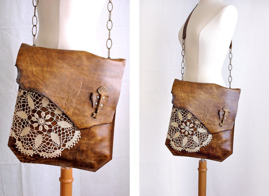 XL Boho Leather Messenger Bag with Crochet Doily and Antique Steamship Key - One Of A Kind