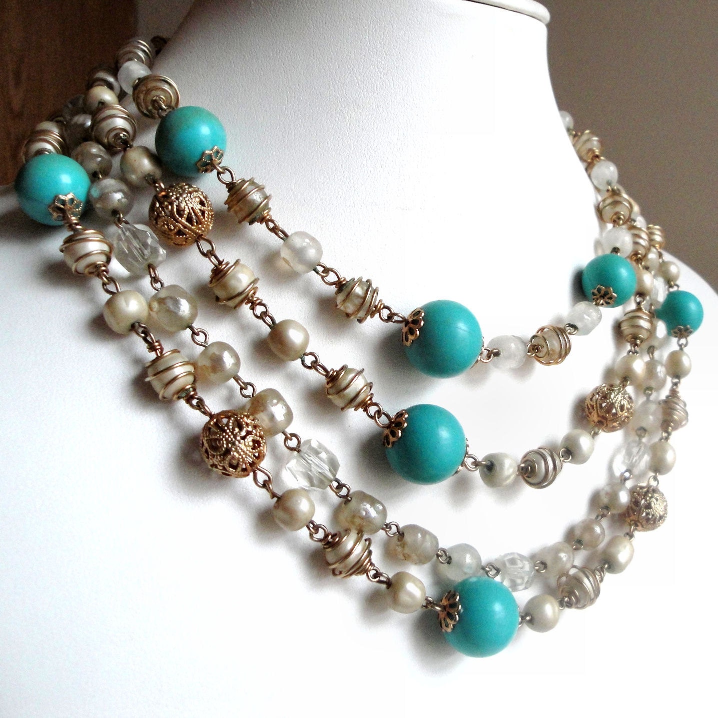 Signed Kramer Vintage Multi-Strand Necklace - Draped Beads of Robin Egg Blue, Crystal, Wire-Wrapped Pearl, and Gold Filigree - Free Shipping