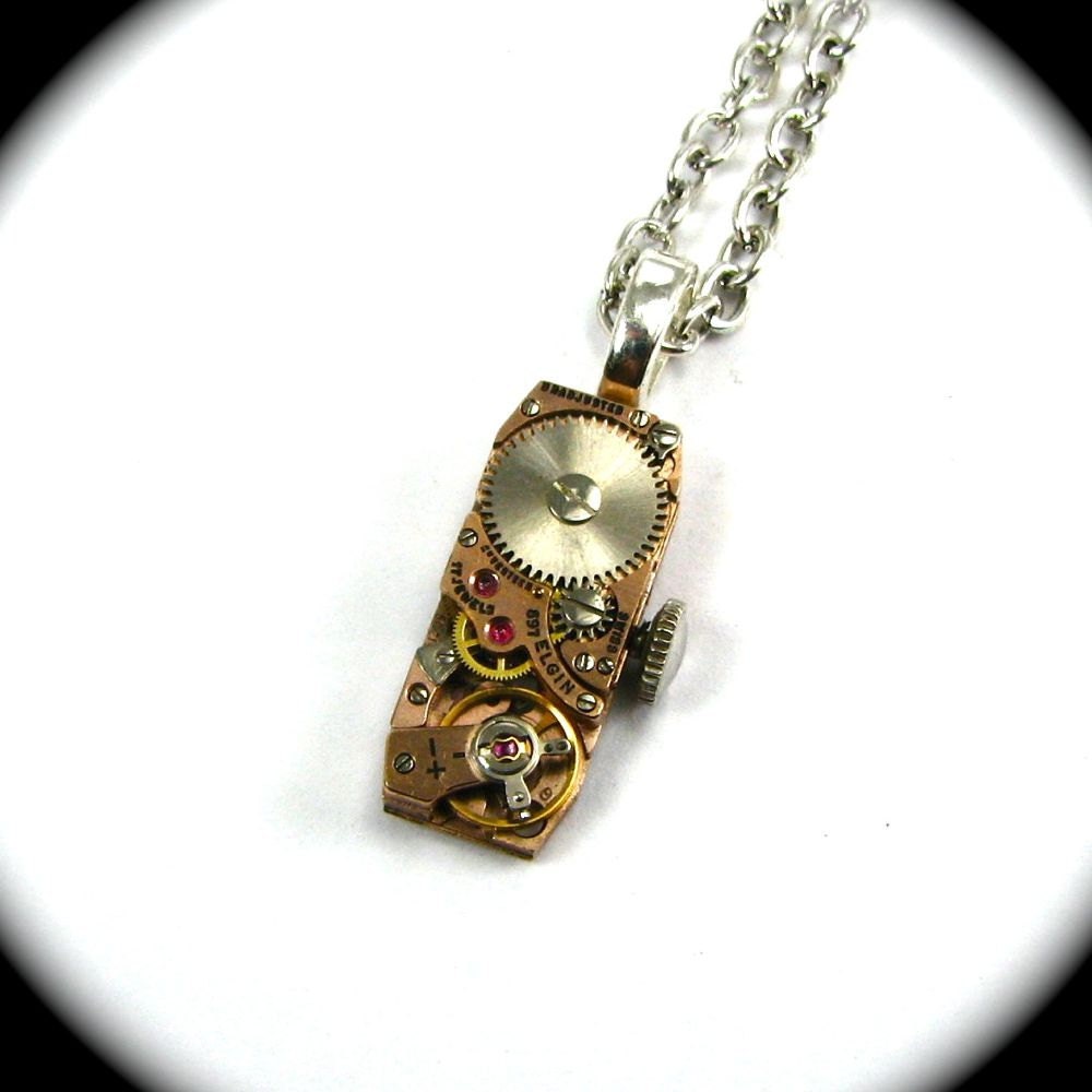 Steampunk Necklace Rose Gold Vintage Watch Movement Pendant with REAL Ruby Jewels Sleek Stylish UNIQUE Shape by Nouveau Motley