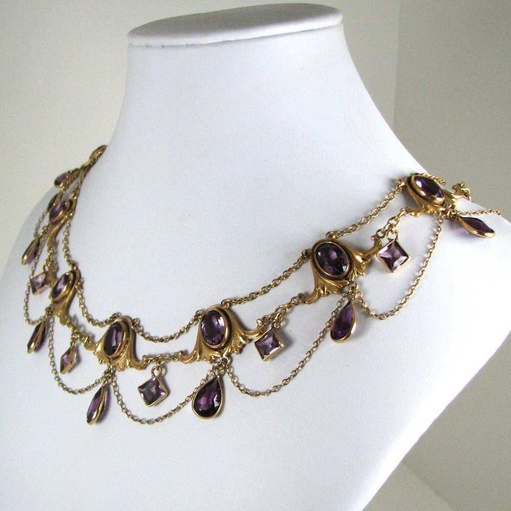 A STUNNING and RARE Art Nouveau Pinchbeck and Amethyst Paste Collier Necklace - Circa 1910
