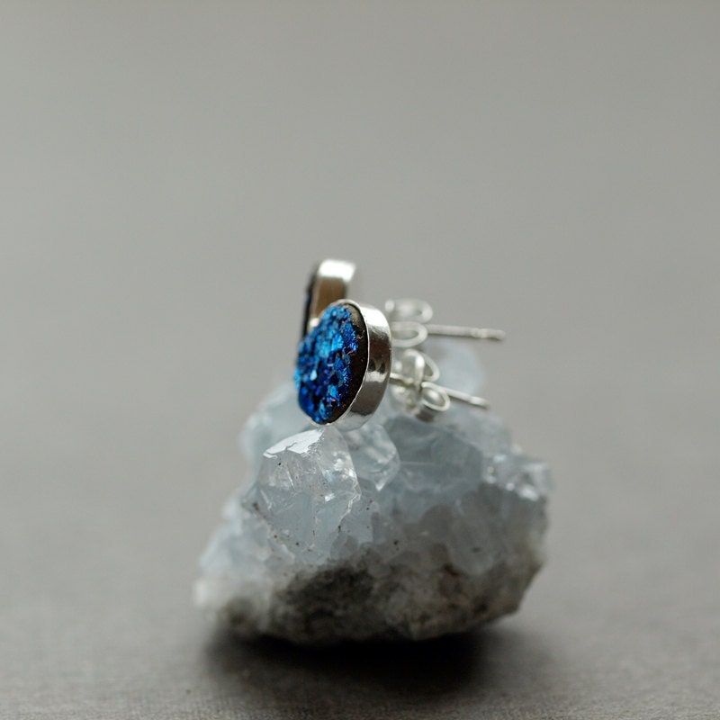 Electric Blue Bold Druzy Stud Earrings Posts Handmade Jewelry
