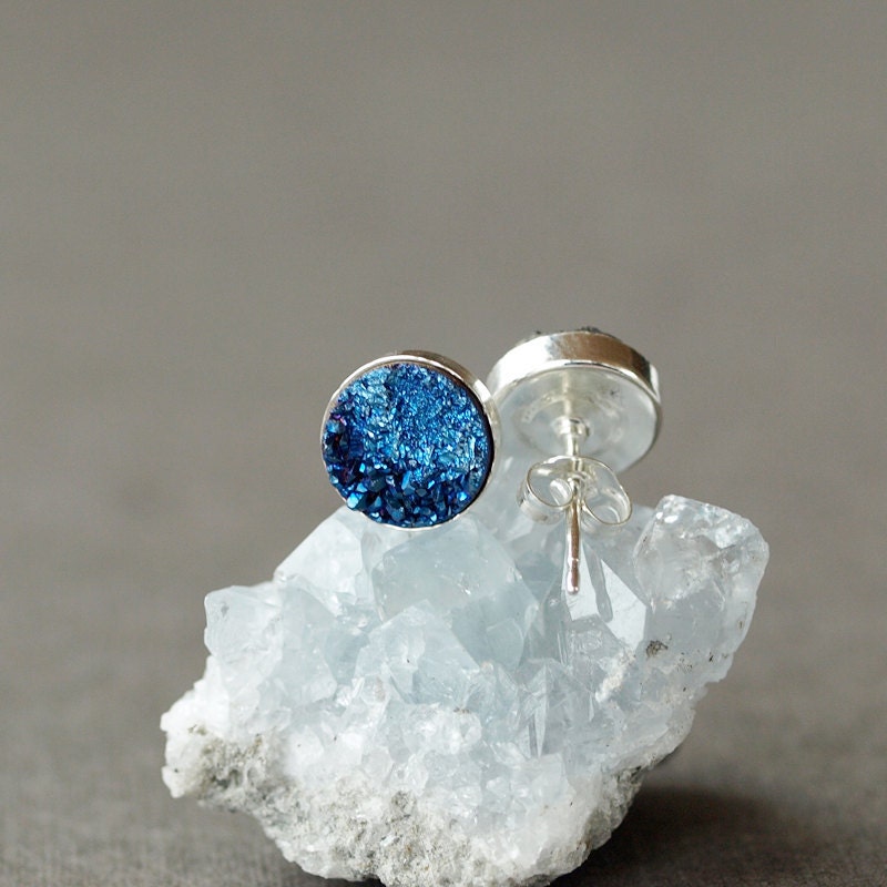 Electric Blue Bold Druzy Stud Earrings Posts Handmade Jewelry