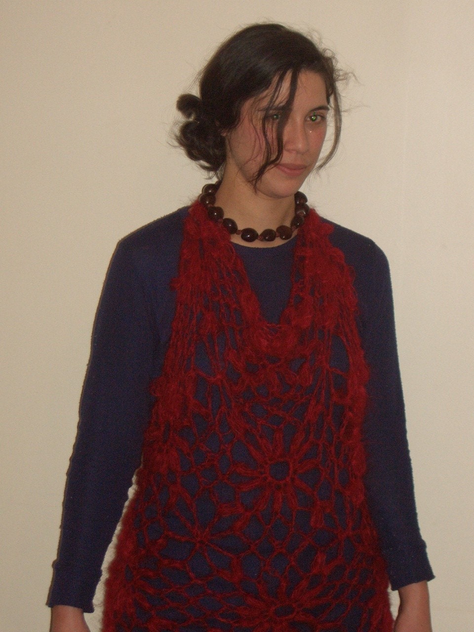 Fiery Red Crochet Bobble Flower Motif Halter Top - Superfine Kid Mohair - DISCOUNTED