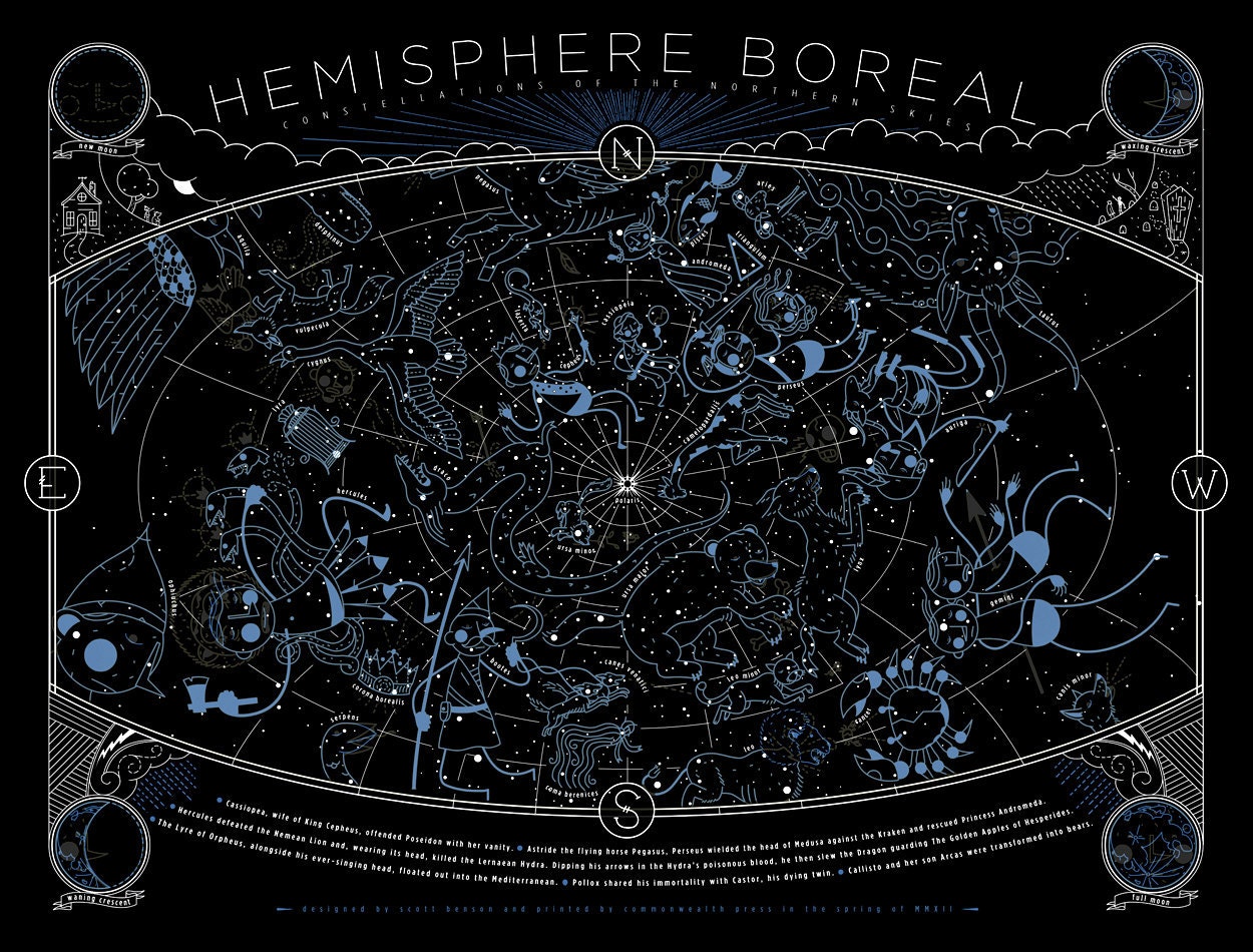 Illustrated Constellation Chart Of The Northern Hemisphere - Glow In The Dark Screenprint - Second Edition