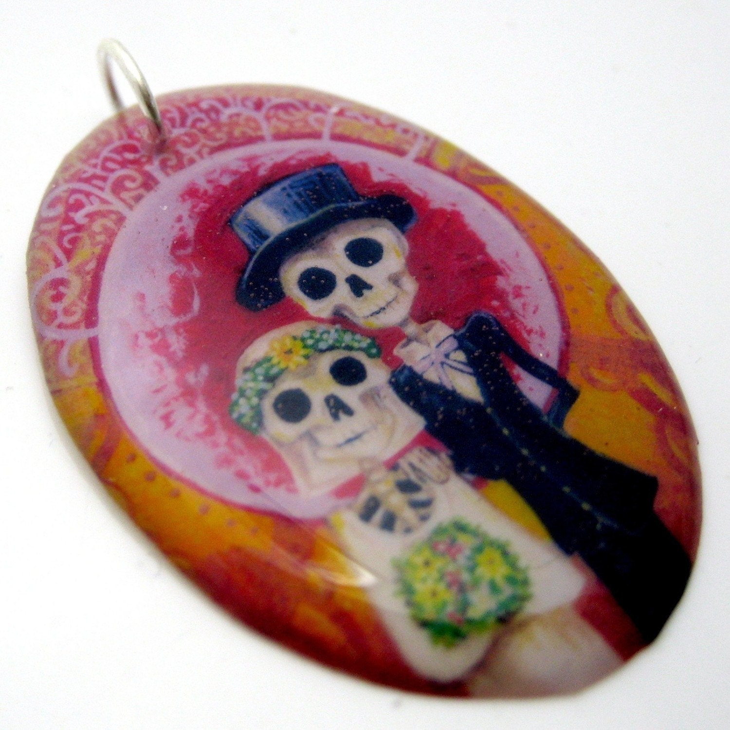 Bride and her Groom Resin art pendant- featuring original sugar skull artwork by FloweroftheDead