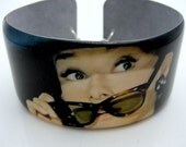 Audrey Hepburn INCOGNITO Resin art cuff bangle bracelet Vintage photo