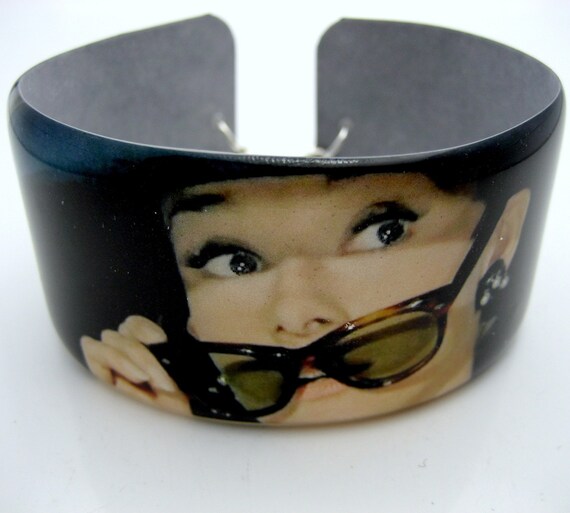 Audrey Hepburn INCOGNITO Resin art cuff bangle bracelet Vintage photo