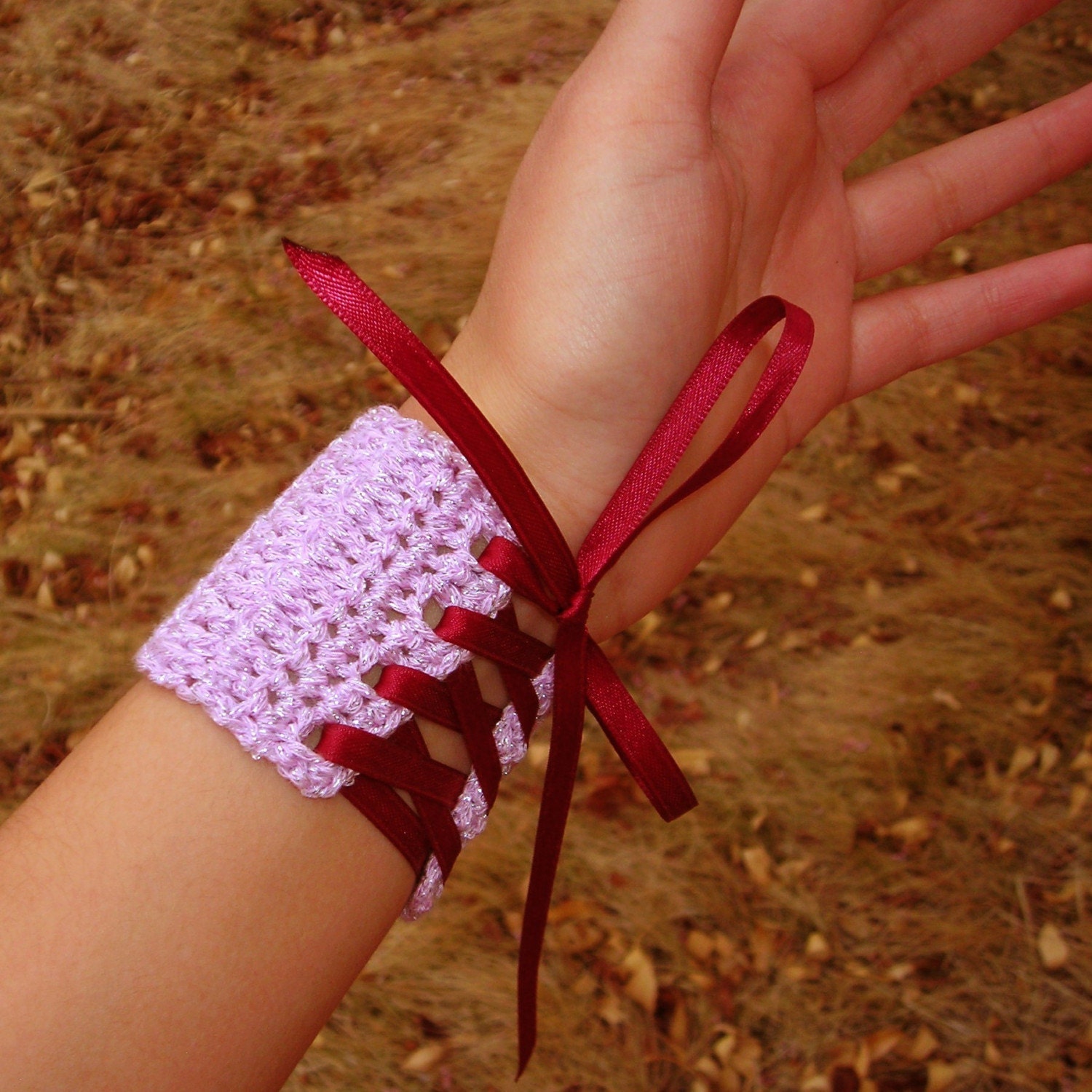 Corset Wrist Cuff - Medium - lavender rose pink with maroon ribbon
