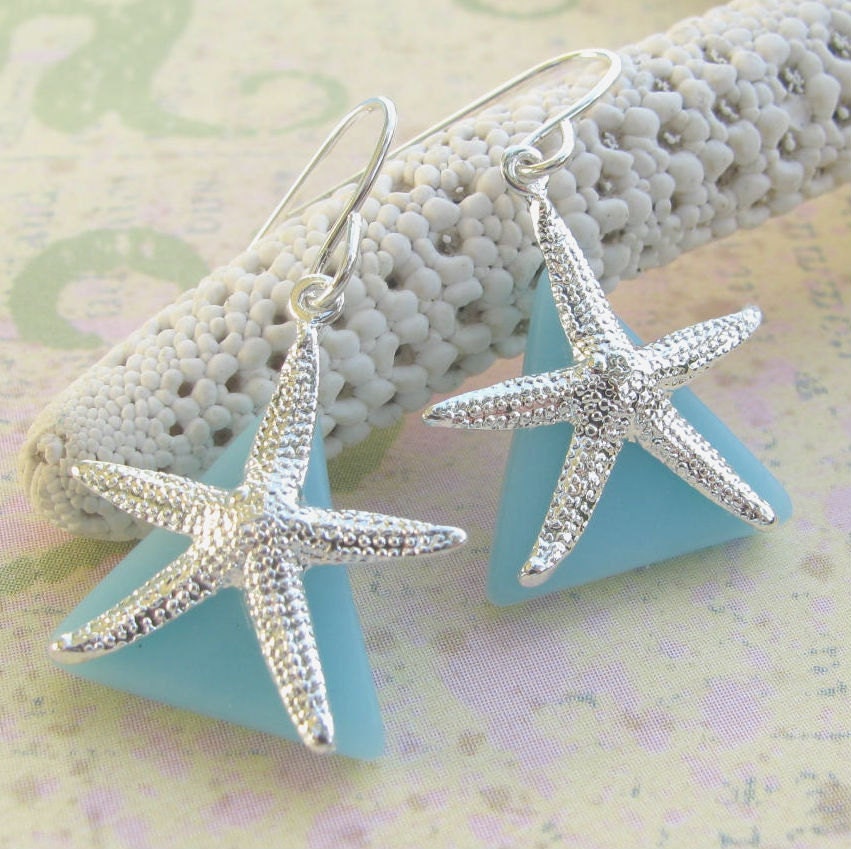 Starfish Earrings Aqua Stained Glass