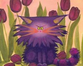CRANKY CAT on FLOWERS Matted Print