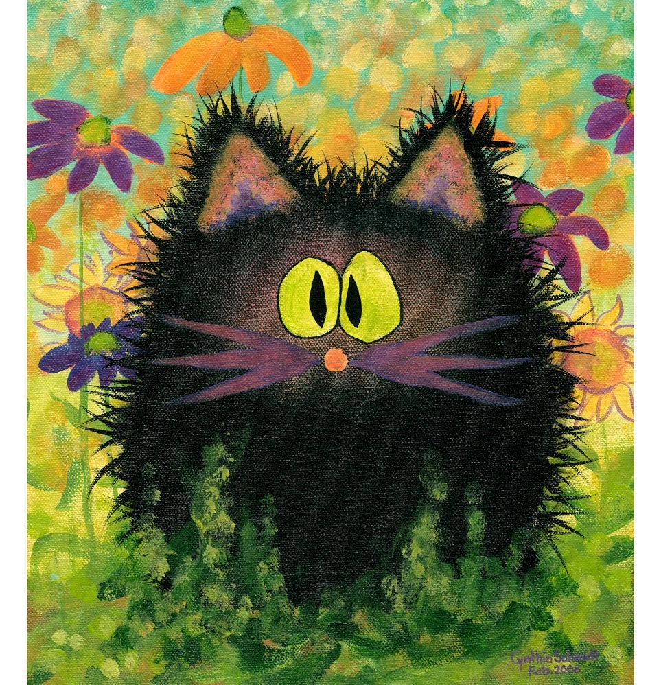 SCAREDY CAT with DAISIES - Matted Print