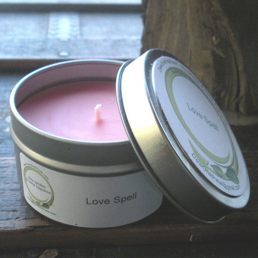 Love Spell VS type Soy Candle Travel Tin with Lid 6 oz