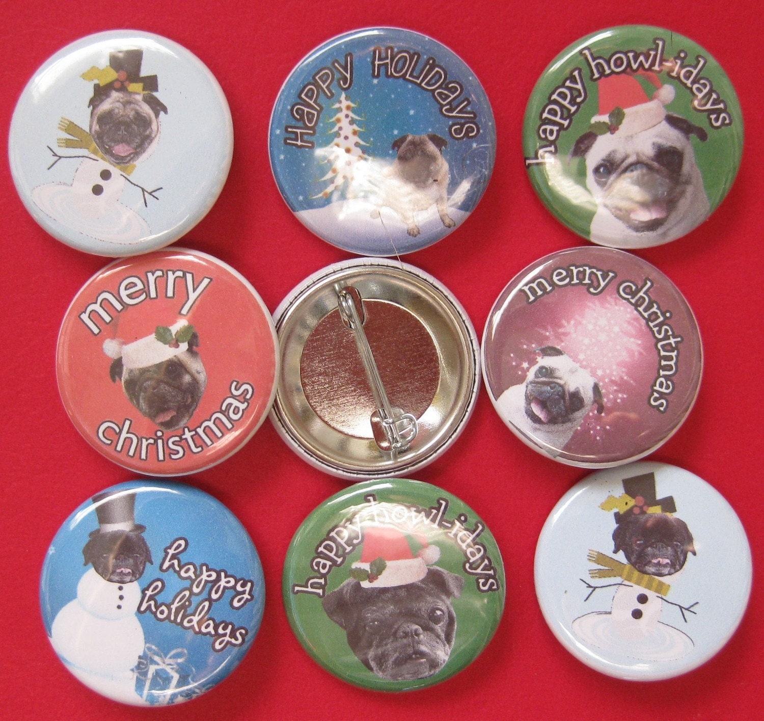 set of 8 christmas pug dog pins ... 1.25 inch size
