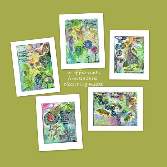 set of five art prints from the series: Discovering Insects