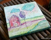 red house 9 - 8x8 original painting and collage on canvas - rainbow rain, cloud, landscape