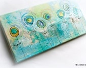 2 yellow, 5 blue flowers - 8"x16" mixed media painting on canvas - blue, teal, gold, washi, flower, circle, painting, original, collage