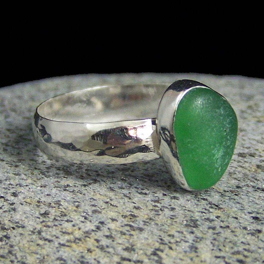 Genuine Kelly Emerald Green Sea Glass Ring Bezel Set in Sterling Silver Size 9.5