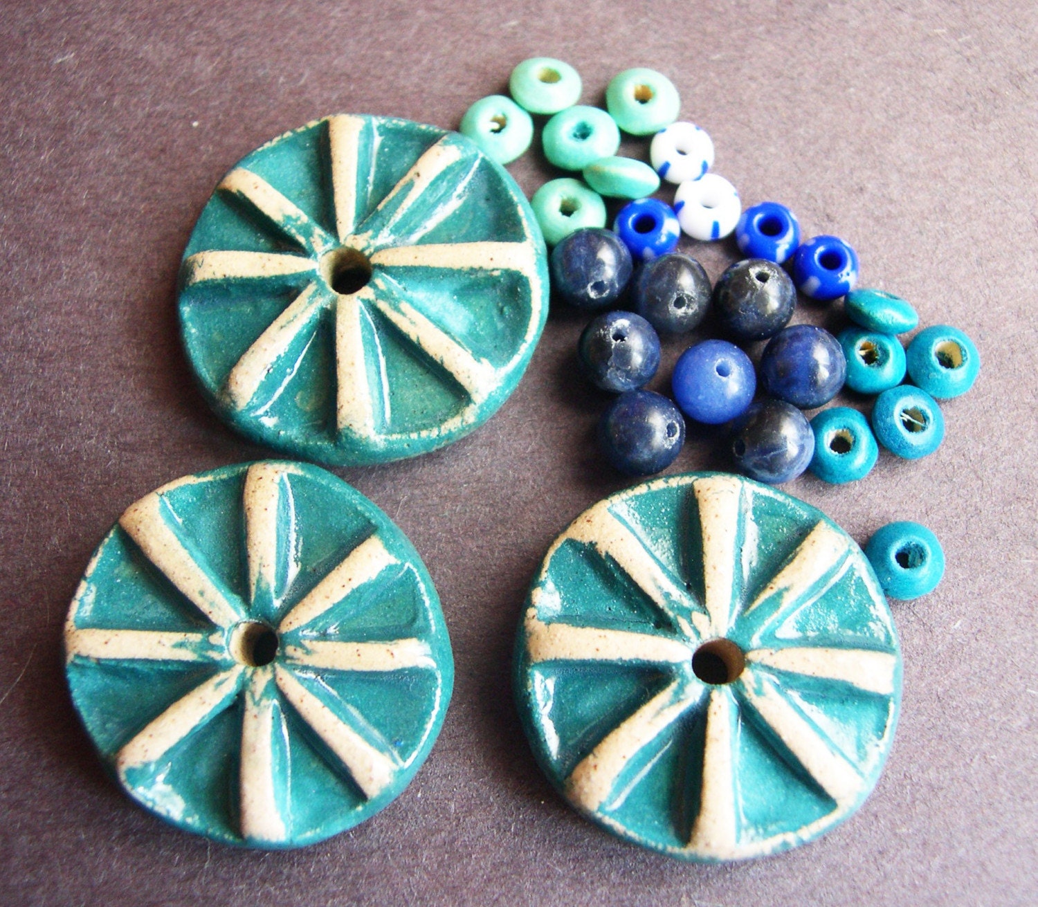 Blue Bursts Stoneware clay beads and coordinating beads set