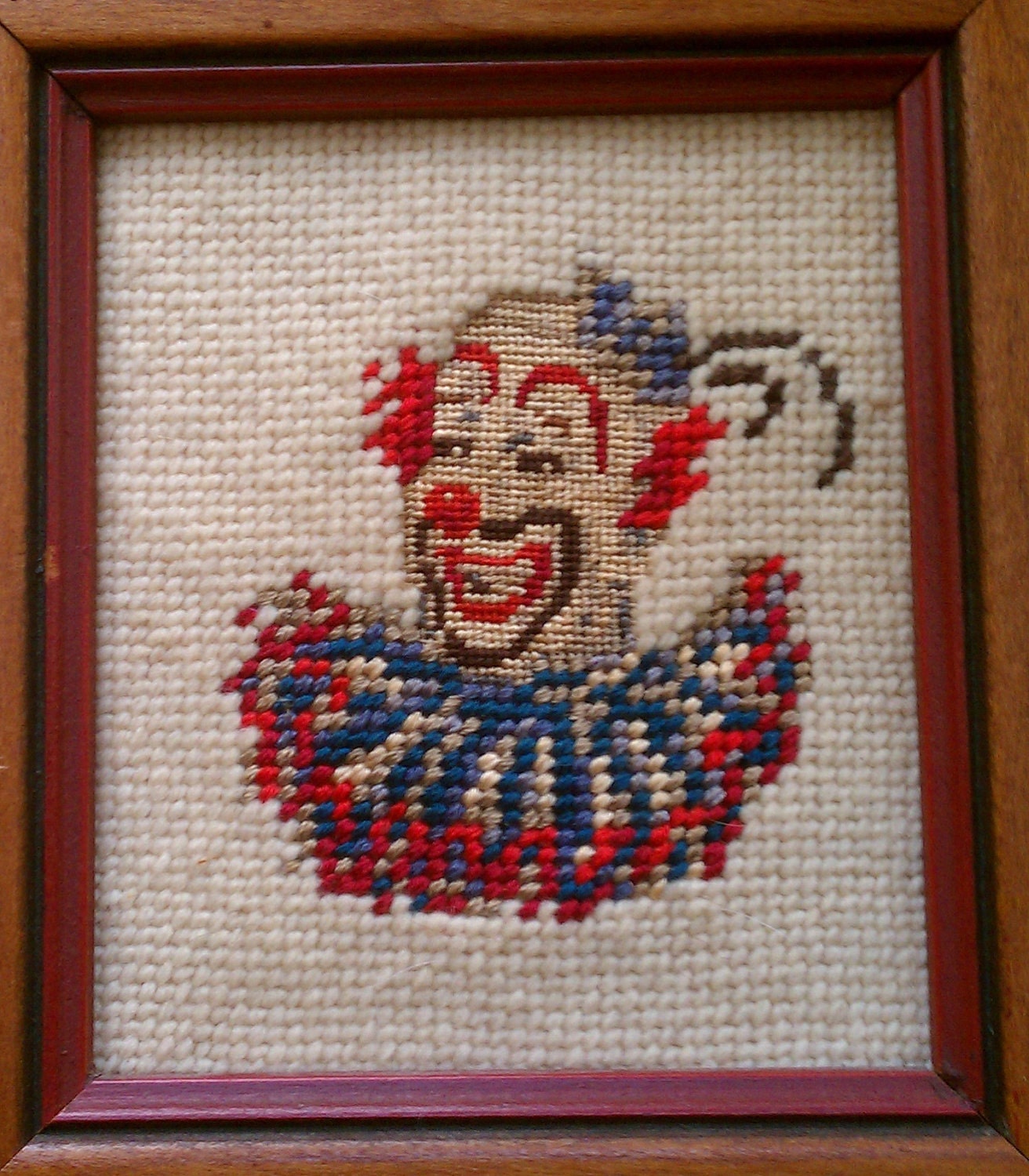 Reserved for DEBBIE: Creepy Tiny Clown Petit-Point Embroidered in Wooden Frame. Hideous/Happy