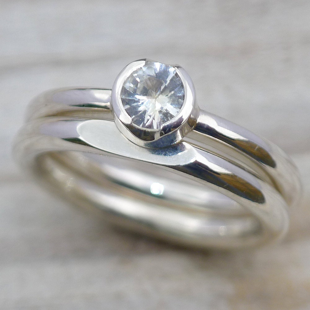 White Sapphire Bridal Ring Set - Engagement and Wedding Rings in Sterling Silver