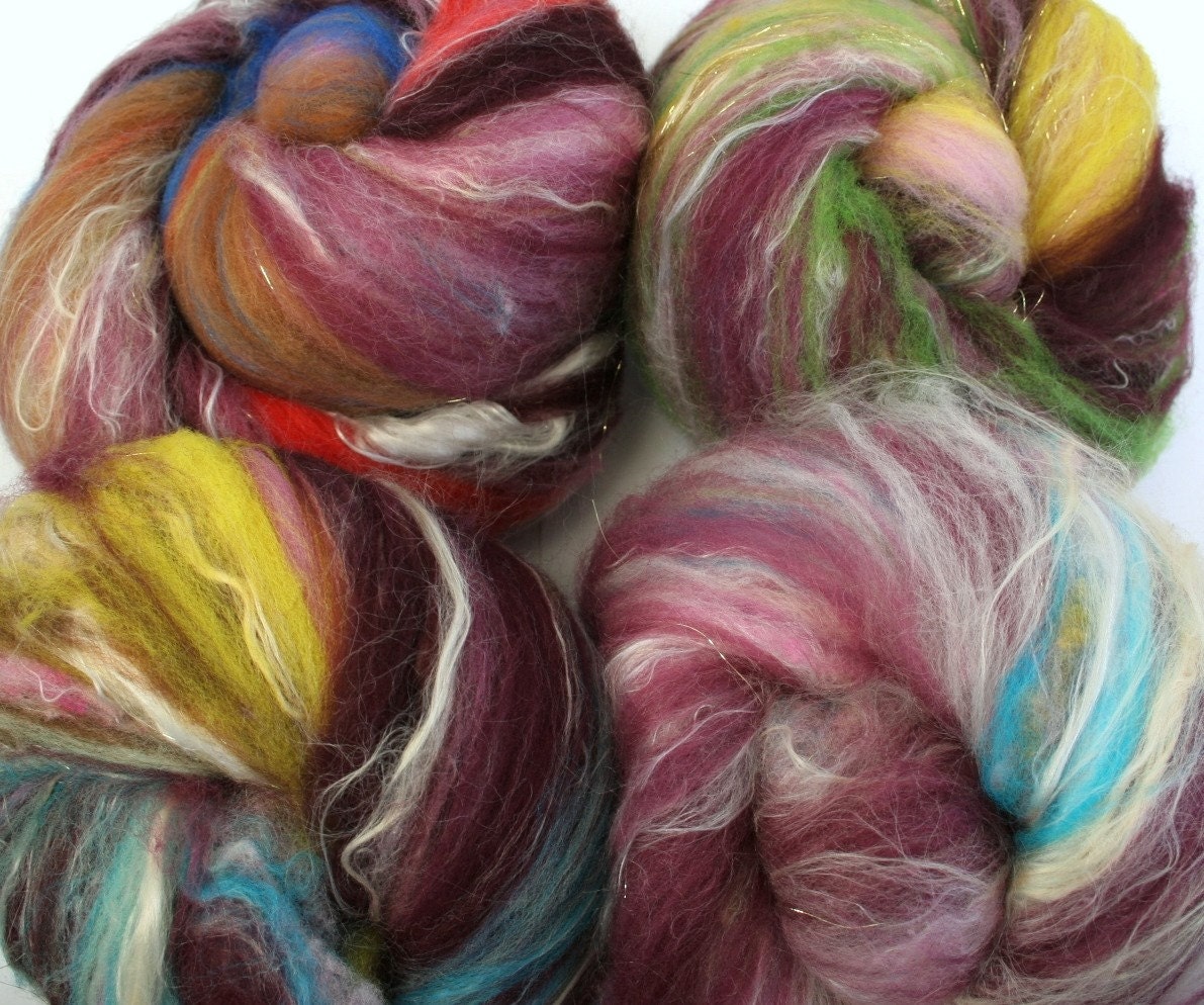 Peekaboo -- hand carded batts (4.9 oz.) merino wool, soysilk, targhee, silk, sparkle