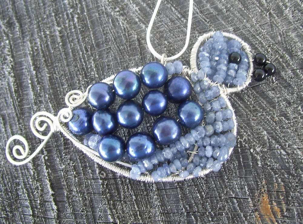 Bluebird of Happiness Statement Necklace Pendant Wire Wrapped Blue Pearl and Tanzanite