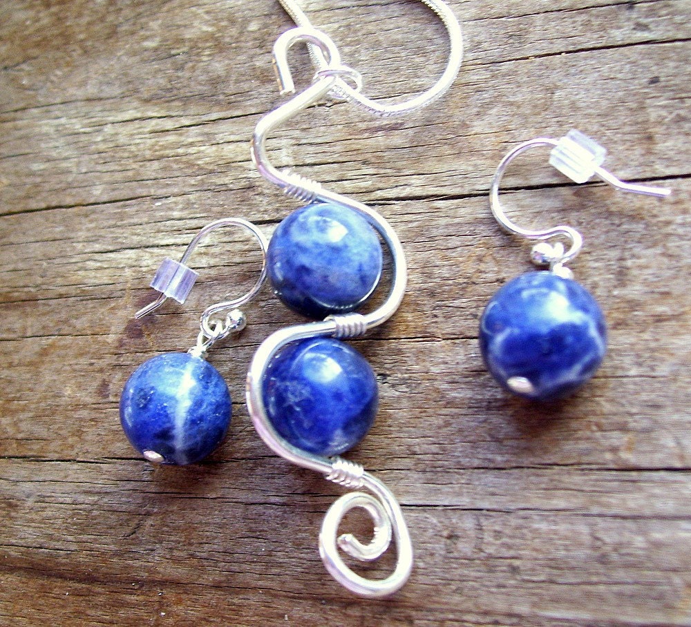 Blue Sodalite and Sterling Loops Necklace and Earring Set