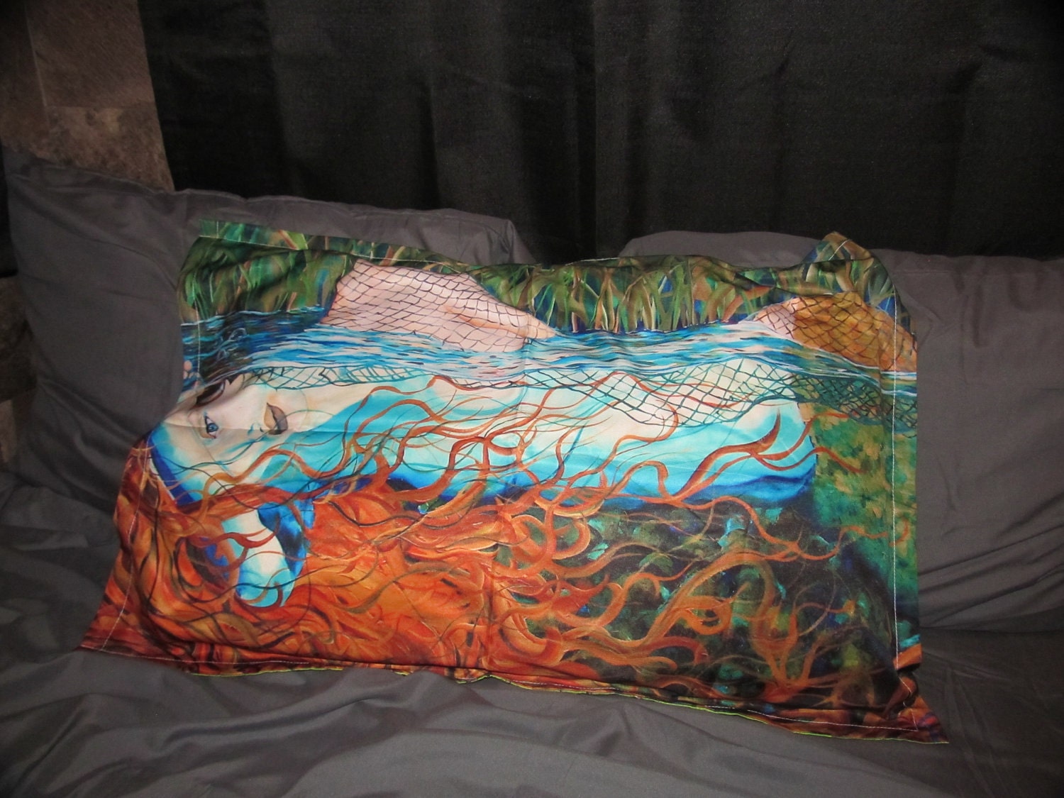 RW2 Double sided Mermaid Pillow case Ophelia Art Surreal painting surrealism green blue copper net ocean redhead geekery