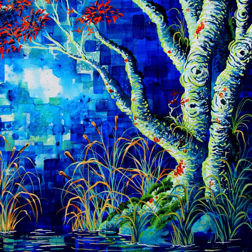 RW2 Shower Curtain Cloth September by Robert Walker tree blue orange red water swamp landscape art surreal Night moon nightscape teal aqua