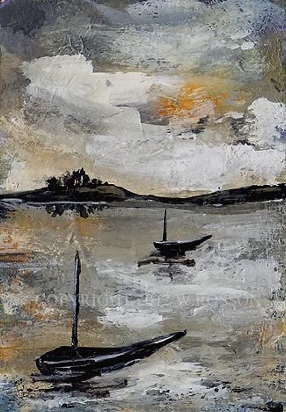 Fishing Boats in Cove, Original Acrylic Painting, Landscape, Sea, Boats, Hills, Trees, Sky, Winjimir, Fine Art, ACEO, Art Cards,