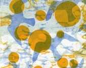 Bluebirds in a Sunflower Field - original woodcut print