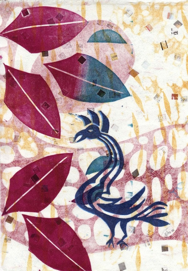 Rooster Blues - original woodcut monoprint