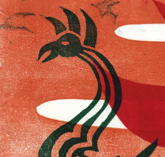 Phoenix Escapes the Flames This Time - original woodcut print