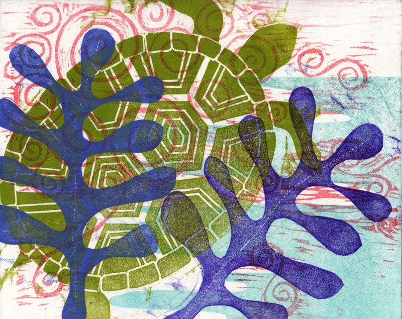 Seaweed Turtle - original woodcut print