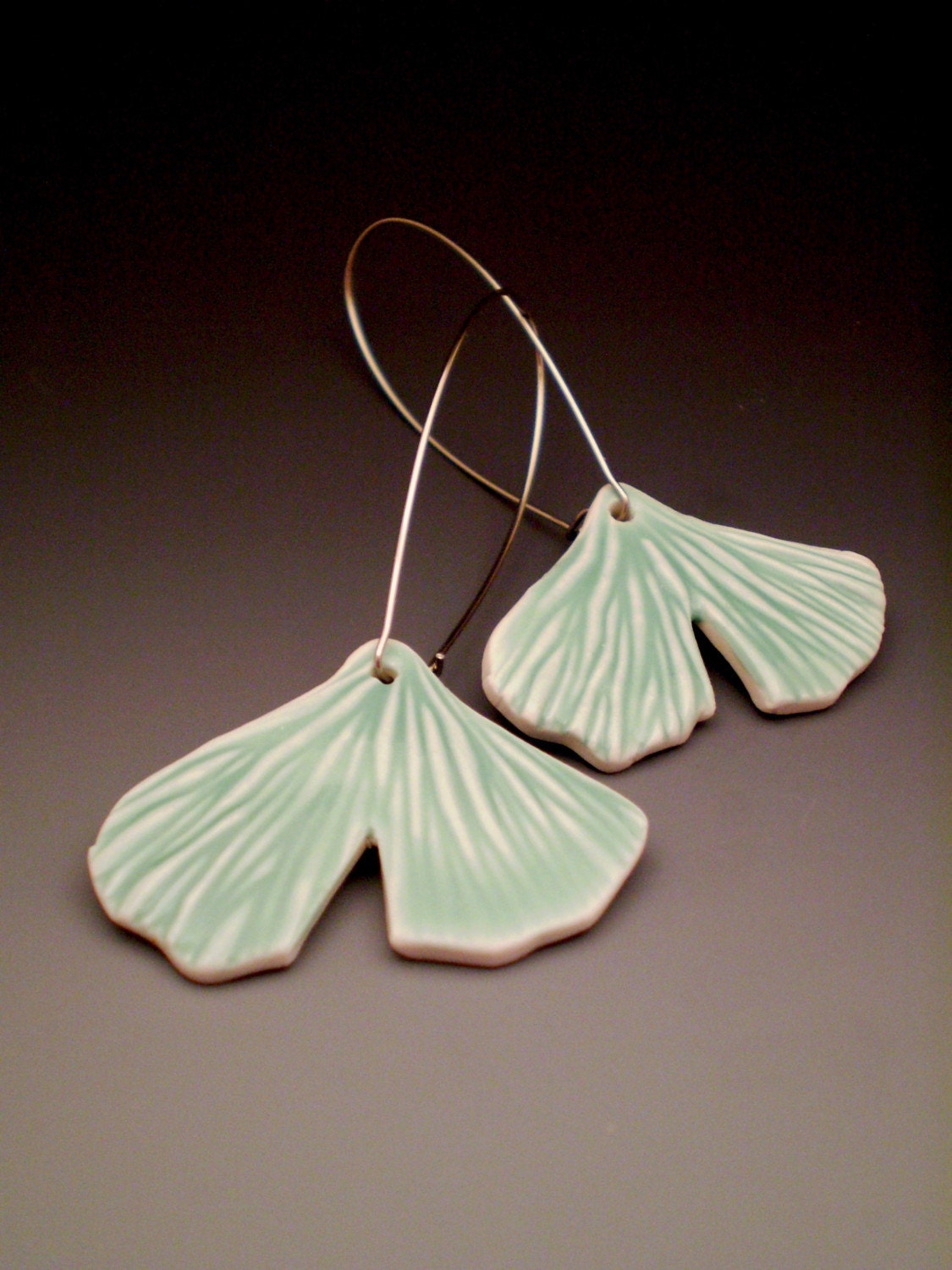 Aqua Ginkgo Porcelain Earrings - Long Kidney Shaped Ear Wires - ON SALE