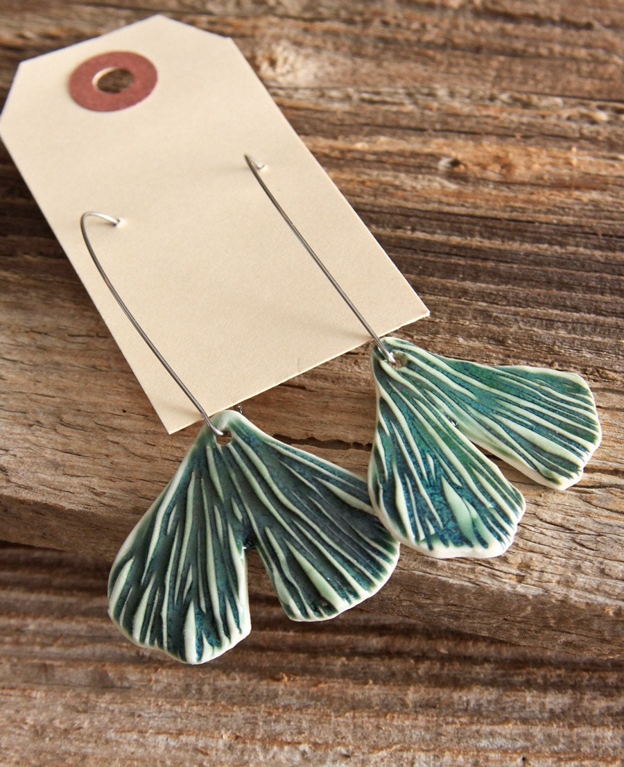 Ginkgo Porcelain Earrings - Long Kidney Shaped Ear Wires - ON SALE